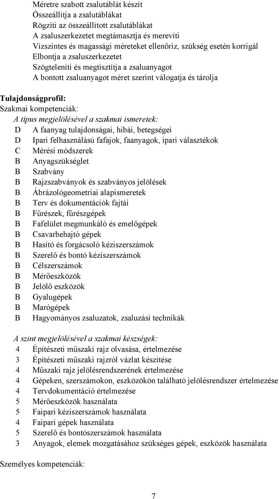 megjelölésével a szakmai ismeretek: D A faanyag tulajdonságai, hibái, betegségei D Ipari felhasználású fafajok, faanyagok, ipari választékok Mérési módszerek Anyagszükséglet Szabvány Rajzszabványok