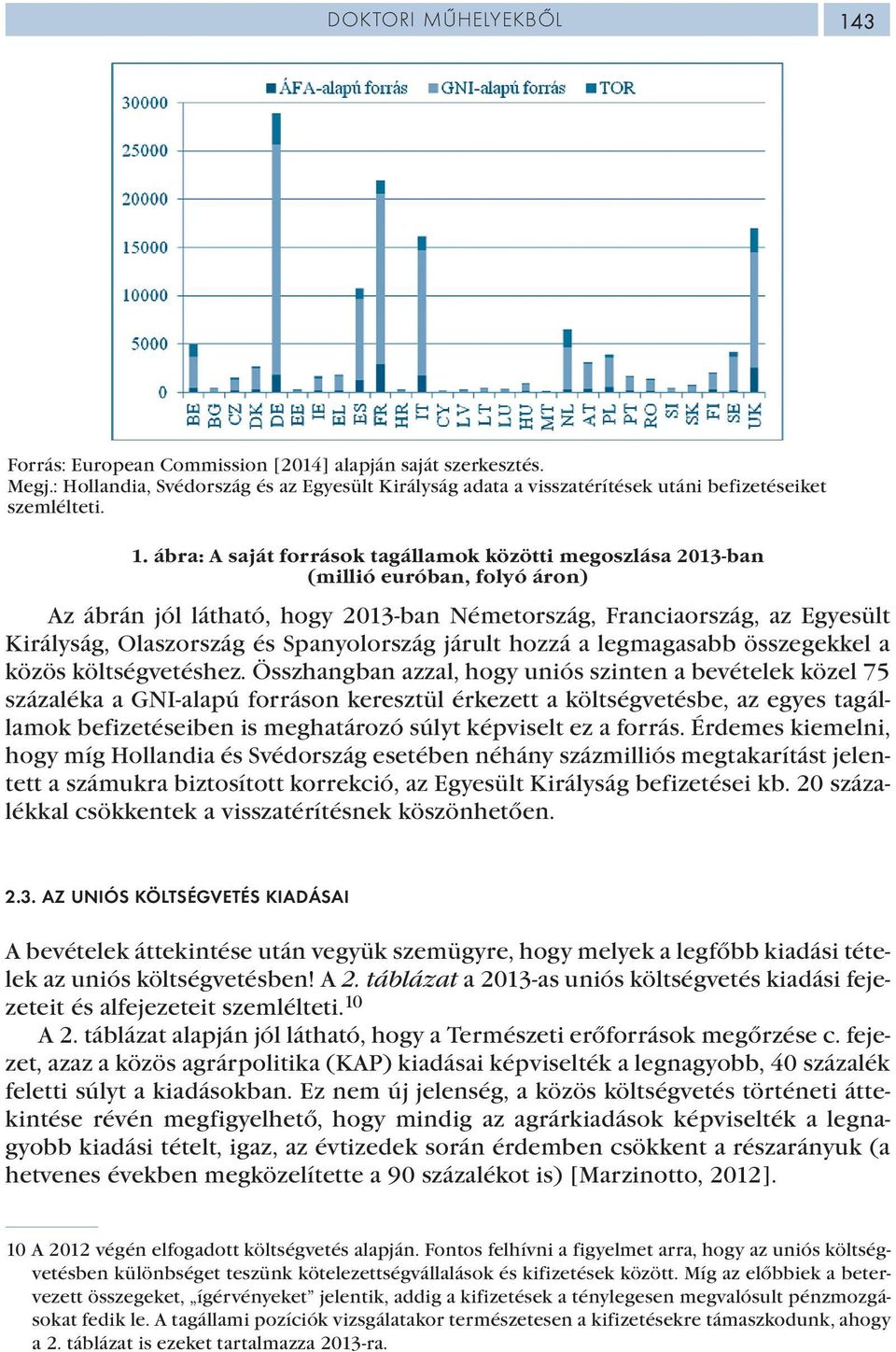 ábra: A saját források tagállamok közötti megoszlása 2013-ban (millió euróban, folyó áron) Az ábrán jól látható, hogy 2013-ban Németország, Franciaország, az Egyesült Királyság, Olaszország és