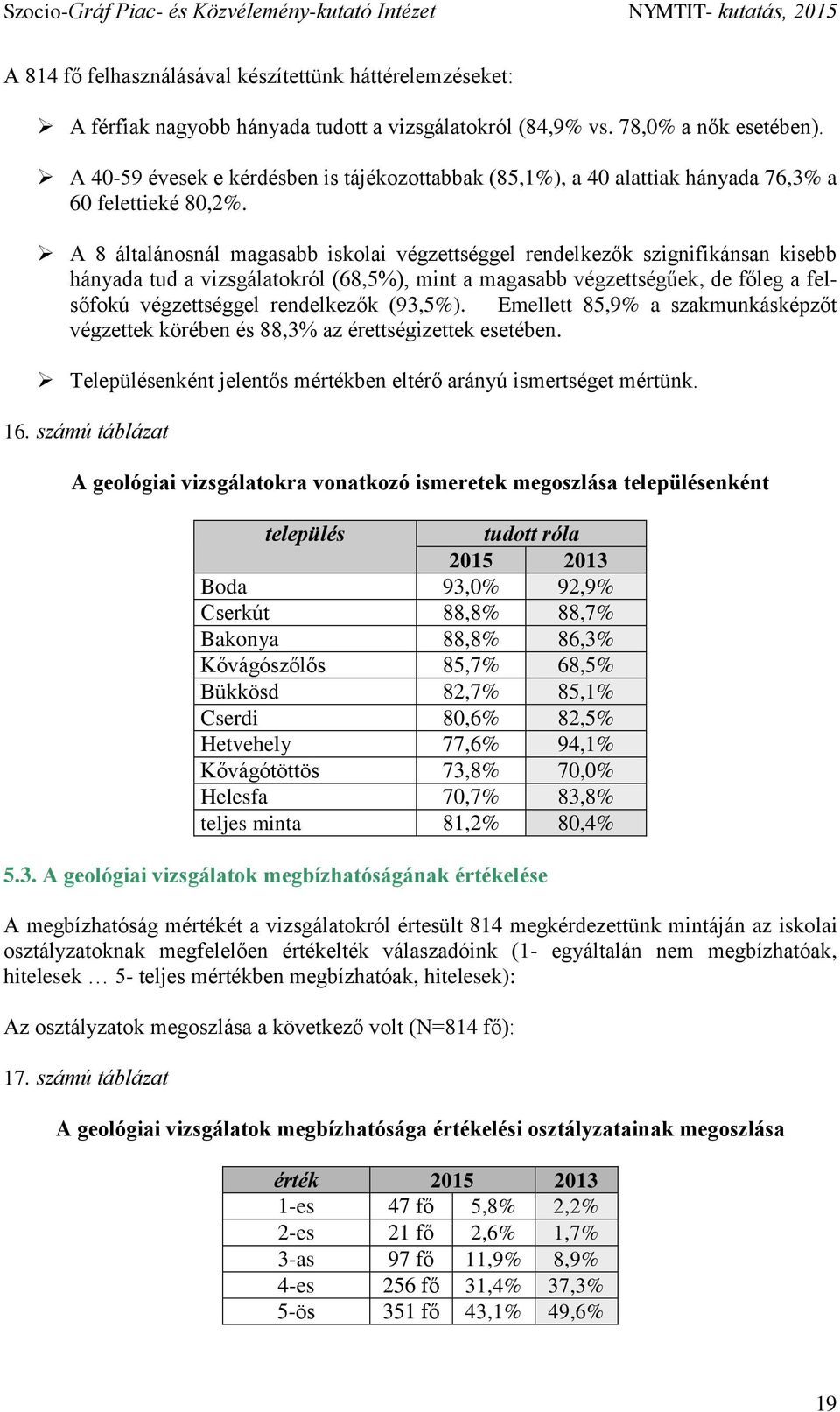 A 8 általánosnál magasabb iskolai végzettséggel rendelkezők szignifikánsan kisebb hányada tud a vizsgálatokról (68,5%), mint a magasabb végzettségűek, de főleg a felsőfokú végzettséggel rendelkezők