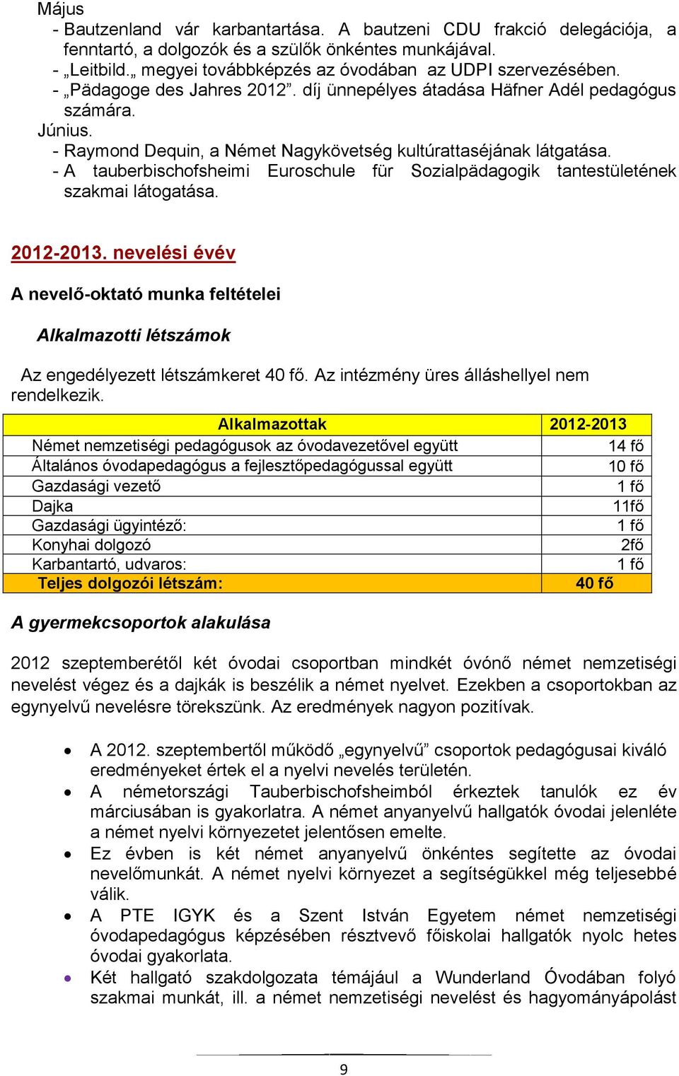 - A tauberbischofsheimi Euroschule für Sozialpädagogik tantestületének szakmai látogatása. 2012-2013. nevelési évév Az engedélyezett létszámkeret. Az intézmény üres álláshellyel nem rendelkezik.
