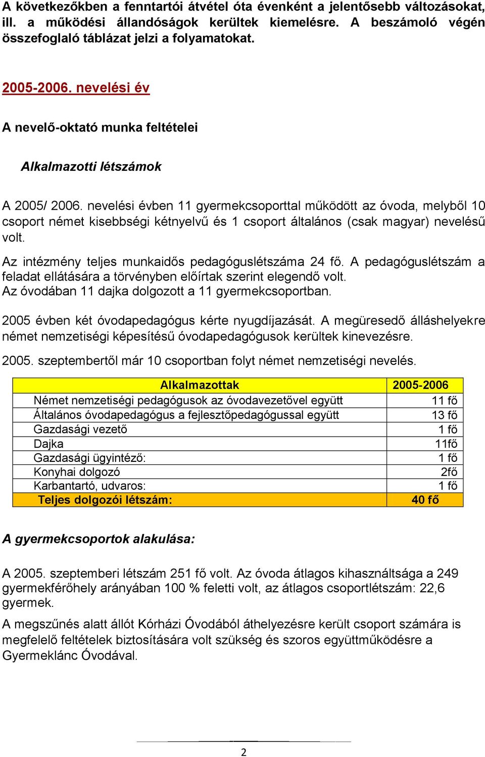 Az intézmény teljes munkaidős pedagóguslétszáma 24 fő. A pedagóguslétszám a feladat ellátására a törvényben előírtak szerint elegendő volt. Az óvodában 11 dajka dolgozott a 11 gyermekcsoportban.