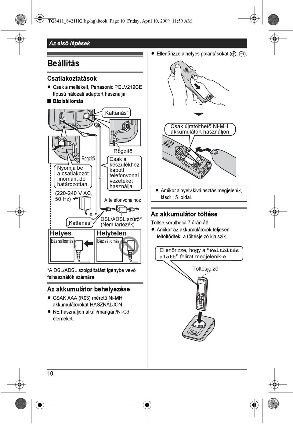 Rögzítő Nyomja be a csatlakozót finoman, de határozottan. (220-240 V AC, 50 Hz) Helyes Bázisállomás Kattanás Rögzítő Csak a készülékhez kapott telefonvonal vezetéket használja.