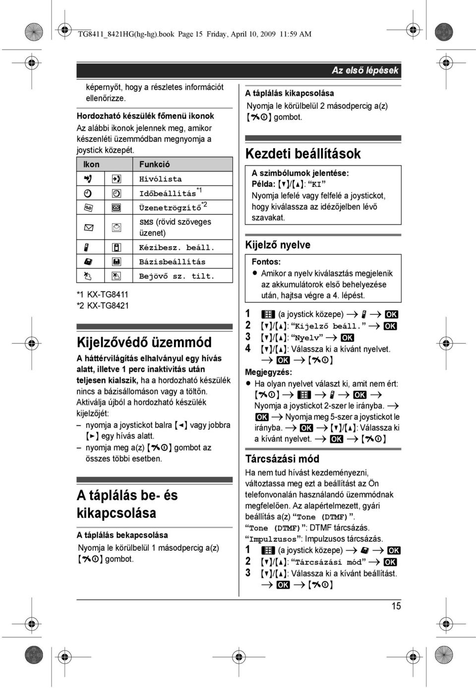 Ikon Funkció j [ Hívólista K < Időbeállítás *1 I ] Üzenetrögzítő *2 X B SMS (rövid szöveges üzenet) N 5 Kézibesz. beáll.! " Bázisbeállítás # $ Bejövő sz. tilt.