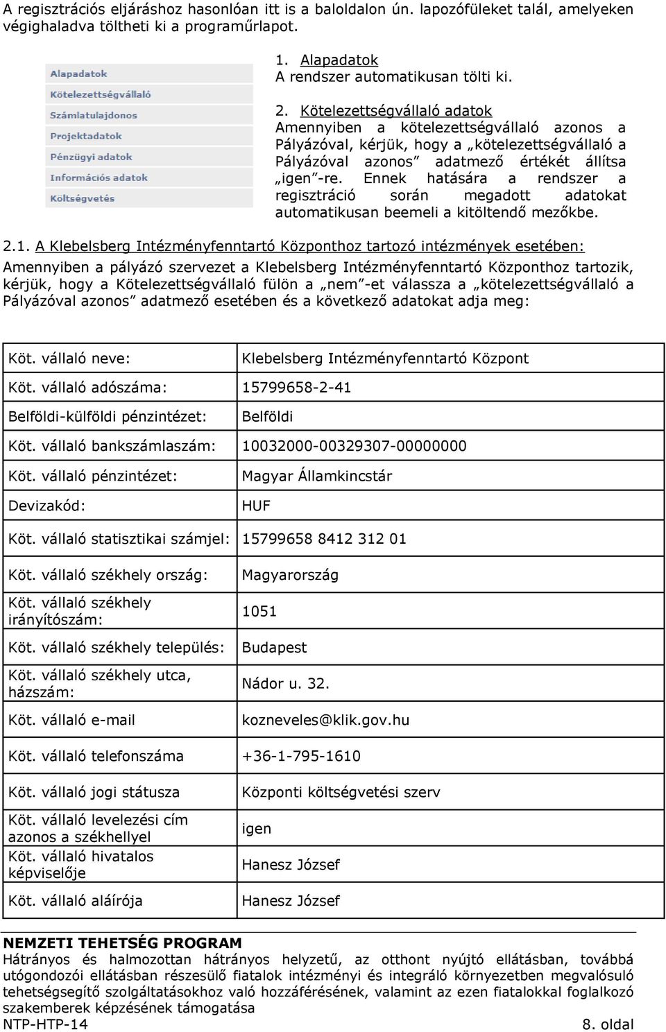 Ennek hatására a rendszer a regisztráció során megadott adatokat automatikusan beemeli a kitöltendő mezőkbe. 2.1.