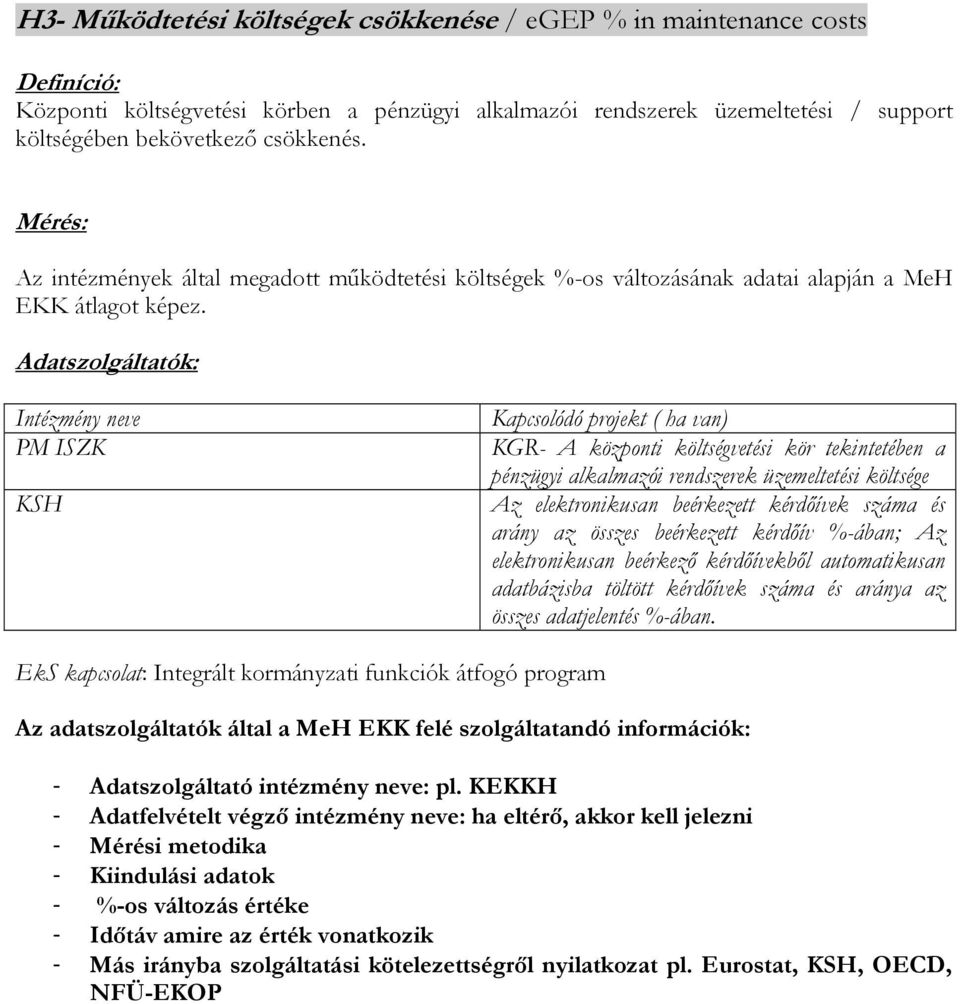Adatszolgáltatók: Intézmény neve PM ISZK KSH Kapcsolódó projekt ( ha van) KGR- A központi költségvetési kör tekintetében a pénzügyi alkalmazói rendszerek üzemeltetési költsége Az elektronikusan