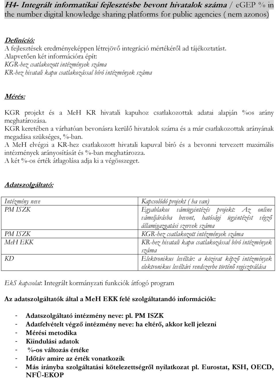 Alapvetıen két információra épít: KGR-hez csatlakozott intézmények száma KR-hez hivatali kapu csatlakozással bíró intézmények száma KGR projekt és a MeH KR hivatali kapuhoz csatlakozottak adatai