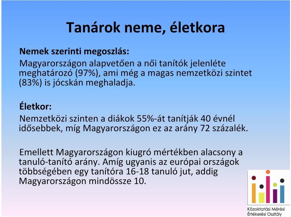 Életkor: Nemzetközi szinten a diákok 55% át tanítják 40 évnél idősebbek, míg Magyarországon ez az arány 72 százalék.