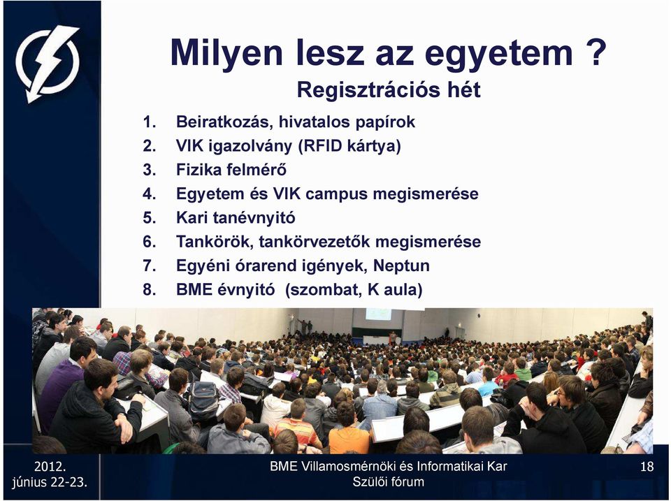 Fizika felmérő 4. Egyetem és VIK campus megismerése 5. Kari tanévnyitó 6.