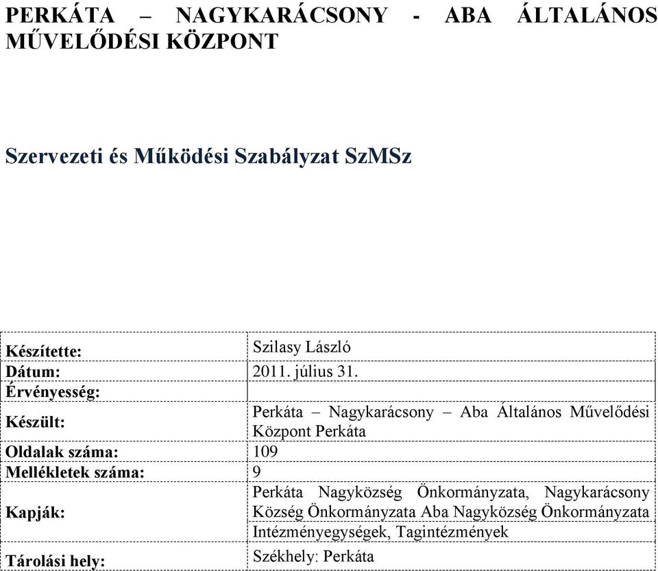 Érvényesség: Készült: Perkáta Nagykarácsony Aba Általános Művelődési Központ Perkáta Oldalak száma: 109