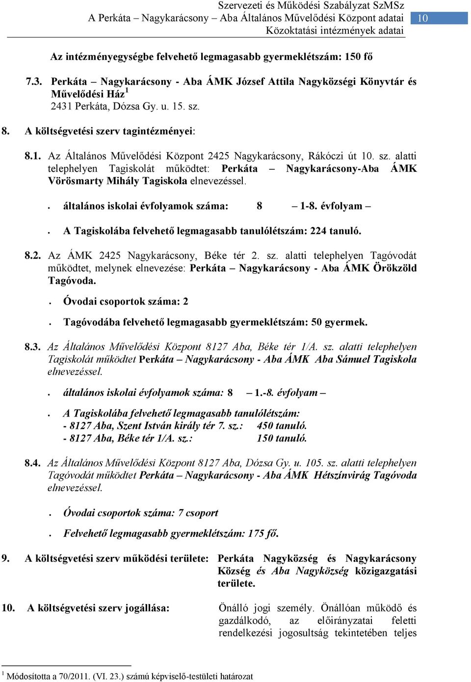 sz. alatti telephelyen Tagiskolát működtet: Perkáta Nagykarácsony-Aba ÁMK Vörösmarty Mihály Tagiskola elnevezéssel. általános iskolai évfolyamok száma: 8 1-8.