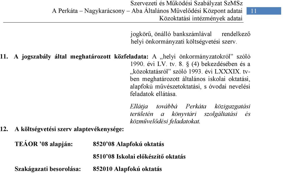 évi LXXXIX. tvben meghatározott általános iskolai oktatási, alapfokú művészetoktatási, s óvodai nevelési feladatok ellátása. 12.