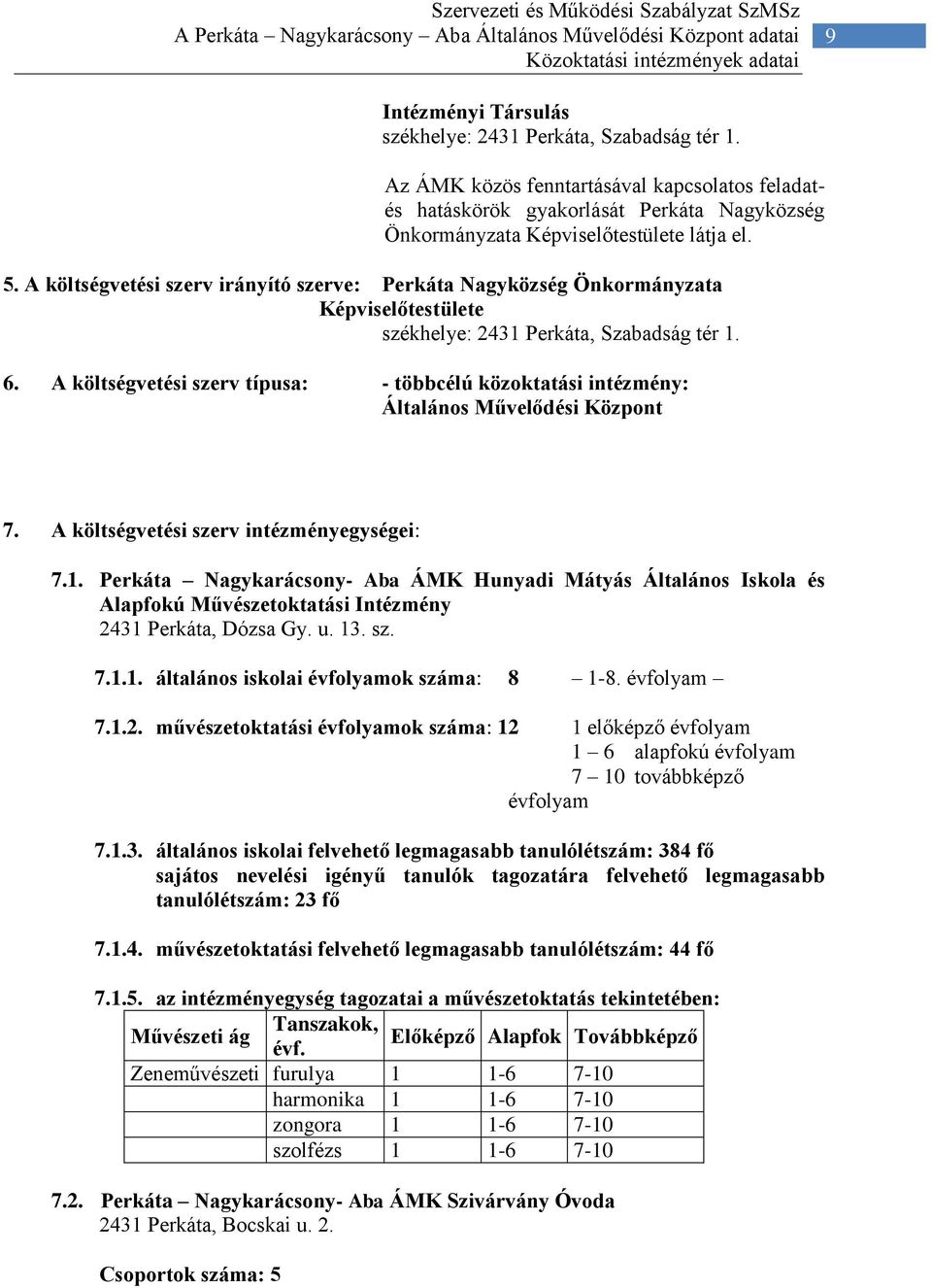A költségvetési szerv irányító szerve: Perkáta Nagyközség Önkormányzata Képviselőtestülete székhelye: 2431 Perkáta, Szabadság tér 1. 6.