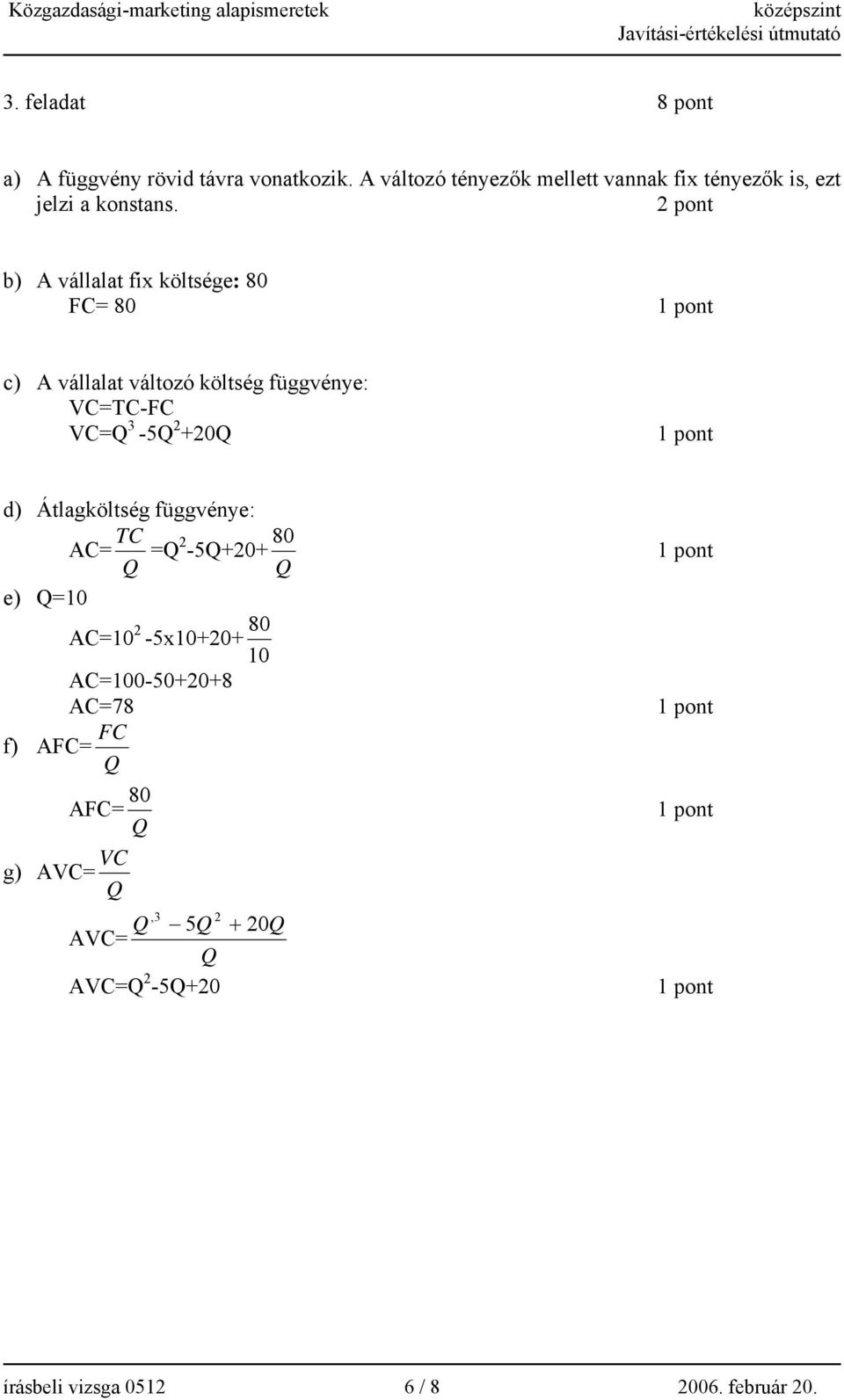 b) A vállalat fix költsége: 80 FC= 80 c) A vállalat változó költség függvénye: VC=TC-FC VC=Q 3-5Q 2 +20Q d)