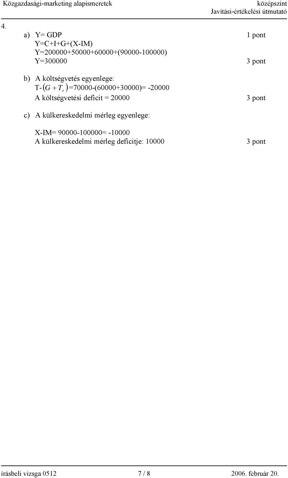 deficit = 20000 3 pont c) A külkereskedelmi mérleg egyenlege: X-IM= 90000-100000=