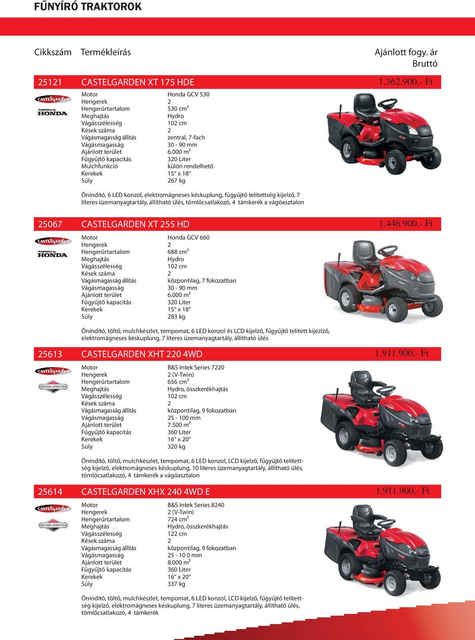 CASTELGARDEN XT 255 HD Honda GCV 660 688 cm3 állítás 30-90 mm 6.000 m2 kapacitás 320 Liter 15 x 18 283 kg 908.900,- Ft 1.446.900,- 1.362.