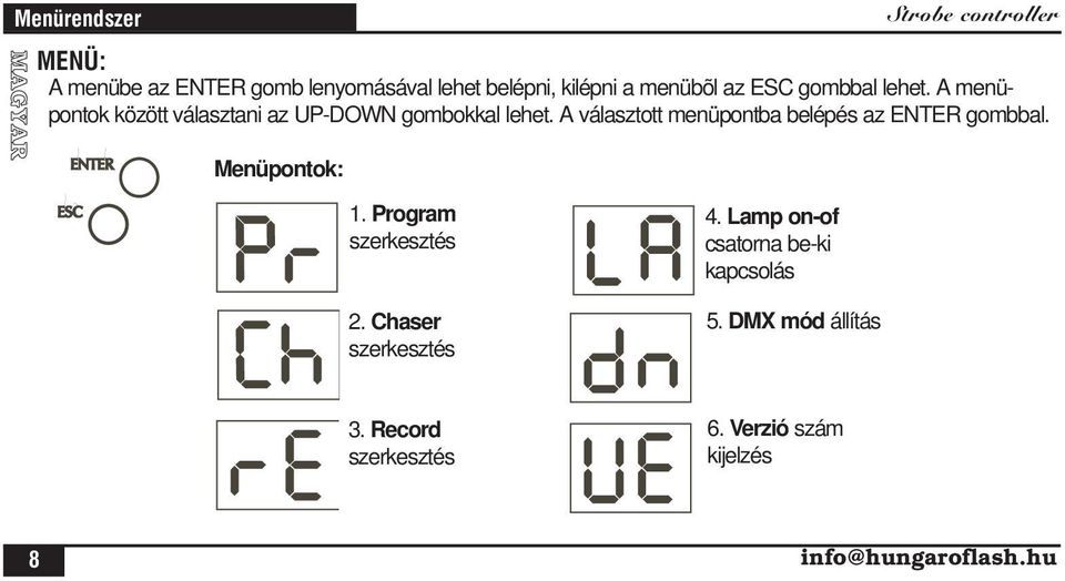 A választott menüpontba belépés az ENTER gombbal. Menüpontok: 1. Program szerkesztés 4.