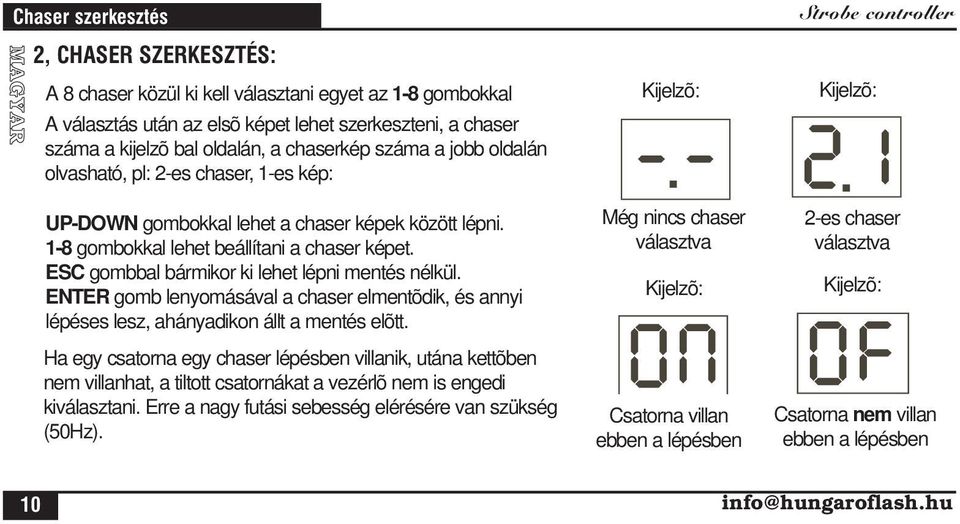 ESC gombbal bármikor ki lehet lépni mentés nélkül. ENTER gomb lenyomásával a chaser elmentõdik, és annyi lépéses lesz, ahányadikon állt a mentés elõtt.