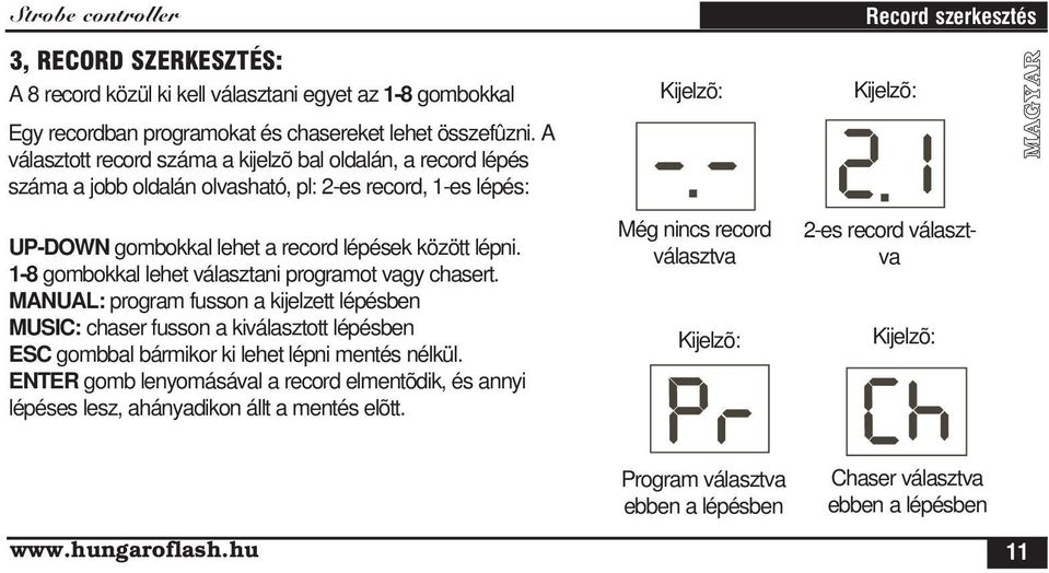 1-8 gombokkal lehet választani programot vagy chasert. MANUAL: program fusson a kijelzett lépésben MUSIC: chaser fusson a kiválasztott lépésben ESC gombbal bármikor ki lehet lépni mentés nélkül.