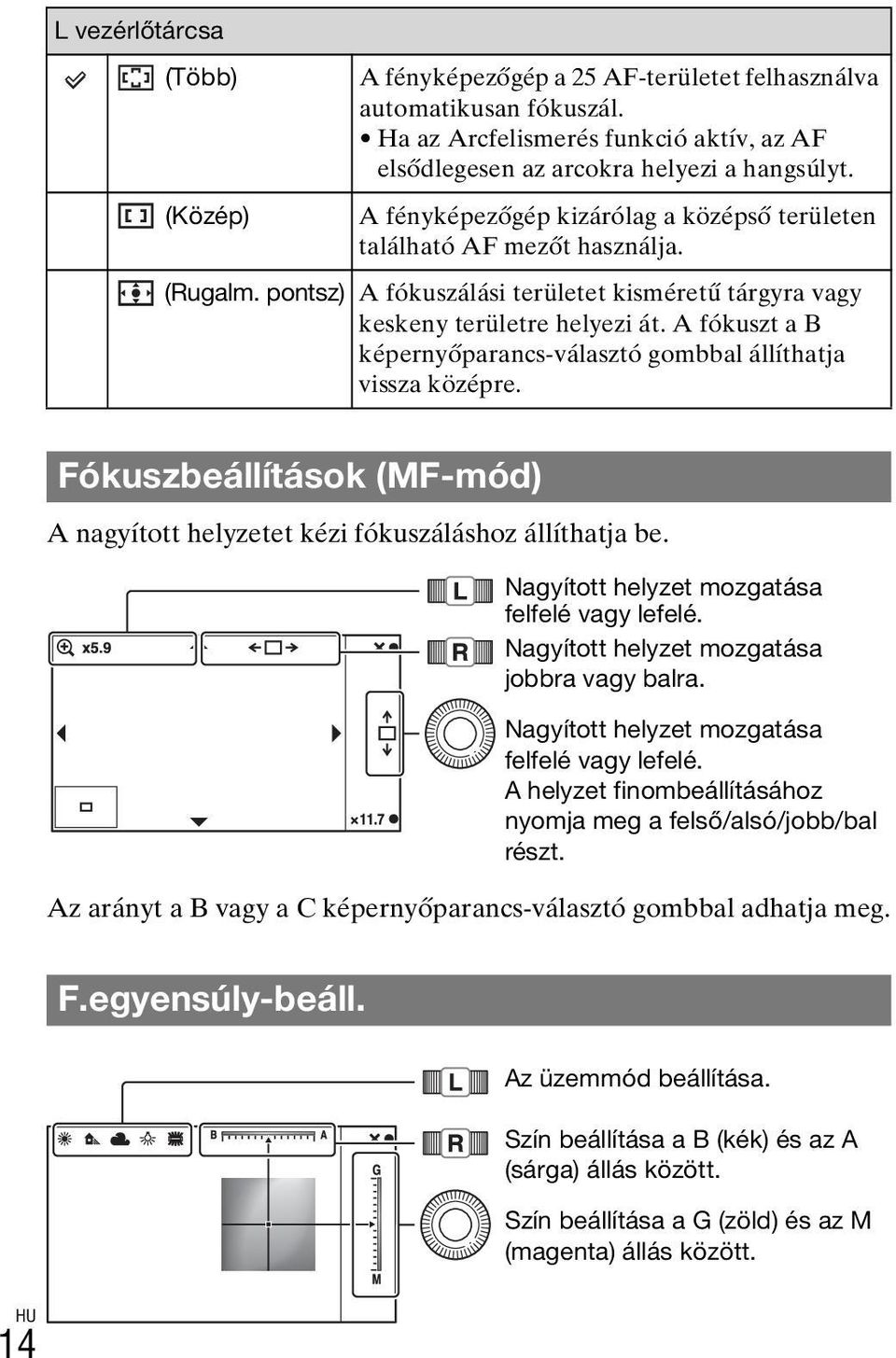 A fókuszt a B képernyőparancs-választó gombbal állíthatja vissza középre. Fókuszbeállítások (MF-mód) A nagyított helyzetet kézi fókuszáláshoz állíthatja be.