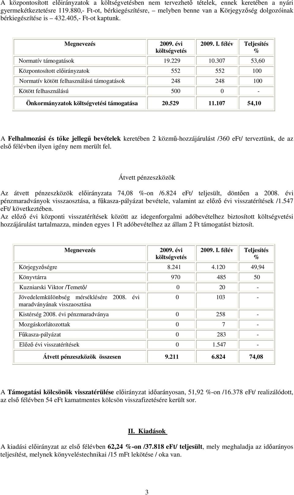 307 53,60 Központosított elıirányzatok 552 552 100 Normatív kötött felhasználású támogatások 248 248 100 Kötött felhasználású 500 0 - Önkormányzatok i támogatása 20.529 11.