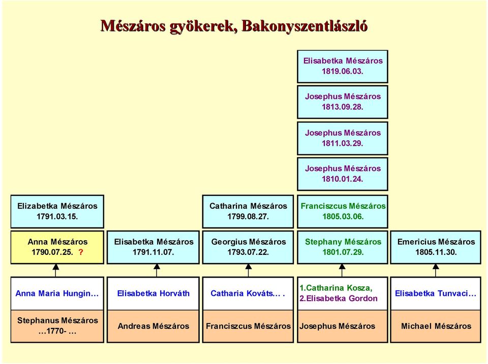 11.07. Georgius Mészáros 1793.07.22. Stephany Mészáros 1801.07.29. Emericius Mészáros 1805.11.30. Anna Maria Hungin Elisabetka Horváth Catharia Kováts. 1.Catharina Kosza, 2.