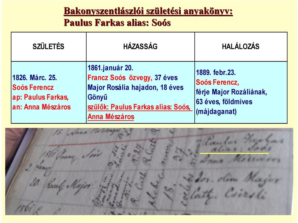 Francz Soós özvegy, 37 éves Major Rosália hajadon, 18 éves GönyF szül)k: Paulus Farkas alias: