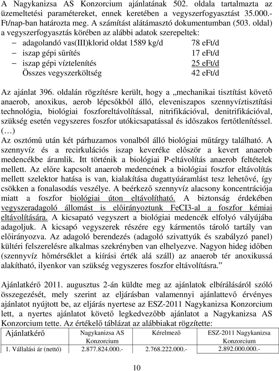 oldal) a vegyszerfogyasztás körében az alábbi adatok szerepeltek: adagolandó vas(iii)klorid oldat 1589 kg/d 78 eft/d iszap gépi sűrítés 17 eft/d iszap gépi víztelenítés 25 eft/d Összes