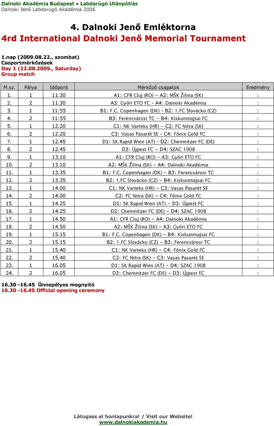 20 C1: NK Varteks (HR) C2: FC Nitra (SK) : 6. 2 12.20 C3: Vasas Pasarét SE - C4: Főnix Gold FC : 7. 1 12.45 D1: SK Rapid Wien (AT) - D2: Chemnitzer FC (DE) : 8. 2 12.45 D3: Újpest FC D4: SZAC 1908 : 9.