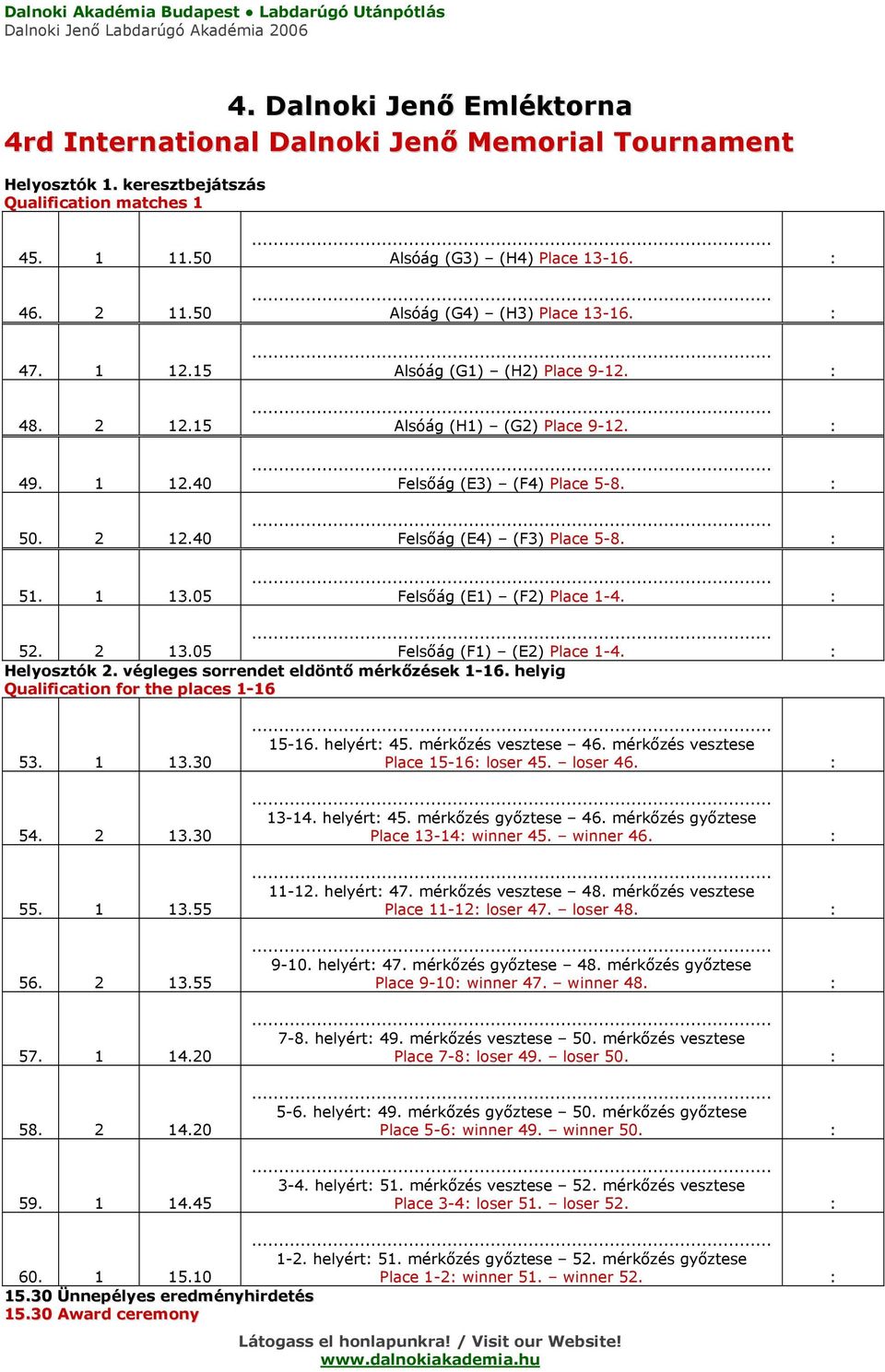 : Helyosztók 2. végleges sorrendet eldöntő mérkőzések 1-16. helyig Qualification for the places 1-16 53. 1 13.30 54. 2 13.30 55. 1 13.55 56. 2 13.55 57. 1 14.20 58. 2 14.20 59. 1 14.45 15-16.