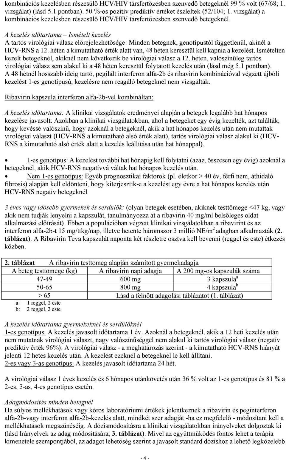 A kezelés időtartama Ismételt kezelés A tartós virológiai válasz előrejelezhetősége: Minden betegnek, genotípustól függetlenül, akinél a HCV-RNS a 12.