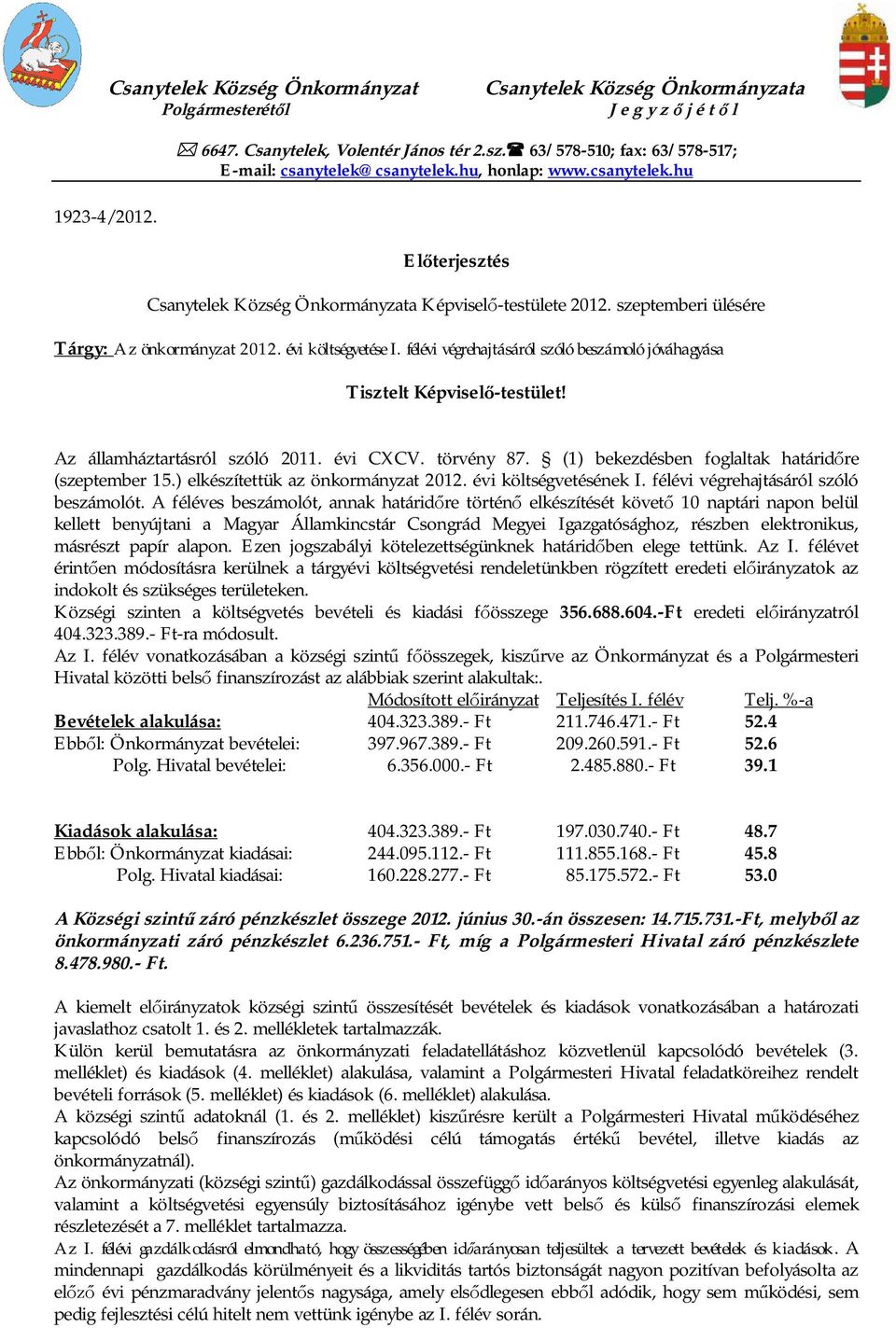 szeptemberi ülésére Tárgy: Az önkormányzat 2012. évi költségvetése I. félévi végrehajtásáról szóló beszámoló jóváhagyása Tisztelt Képvisel -testület! Az államháztartásról szóló 2011. évi CXCV.