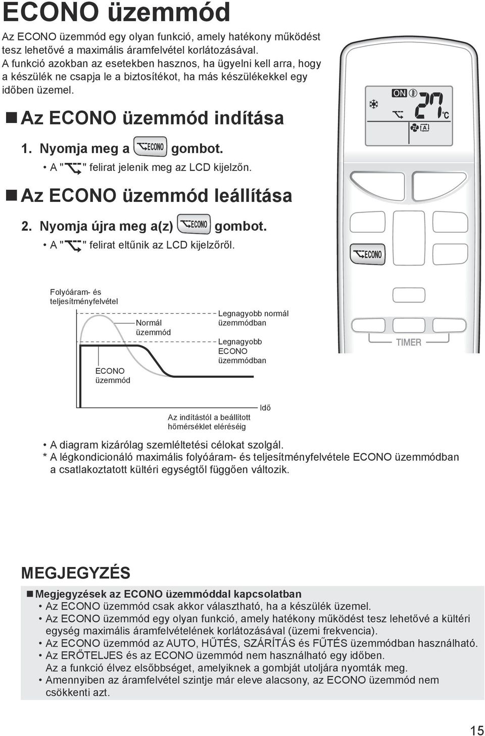 A " " felirat jelenik meg az LCD kijelzőn. Az ECONO üzemmód leállítása 2. Nyomja újra meg a(z) gombot. A " " felirat eltűnik az LCD kijelzőről.