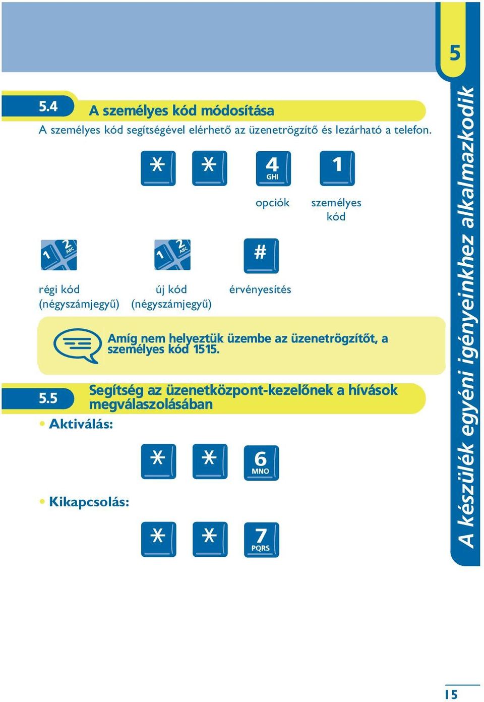 5 megválaszolásában Aktiválás: Kikapcsolás: új kód (négyszámjegyû) opciók érvényesítés személyes