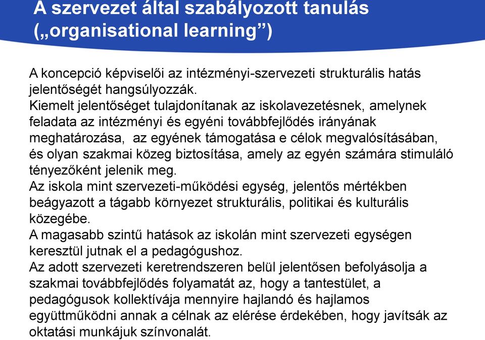 szakmai közeg biztosítása, amely az egyén számára stimuláló tényezőként jelenik meg.