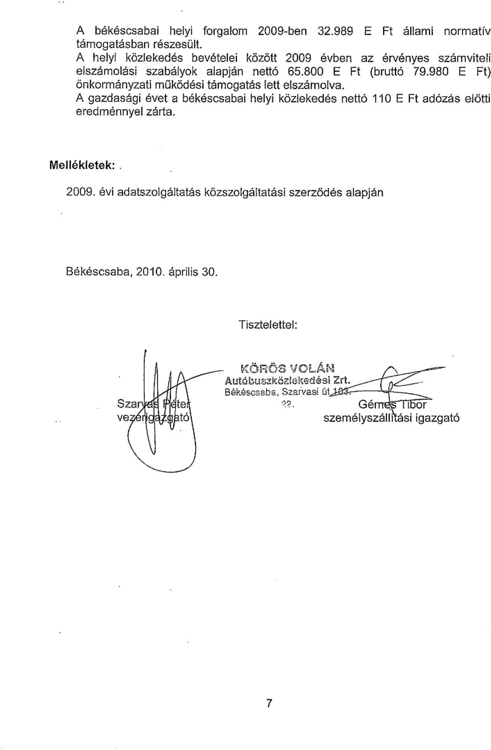 980 EFt) 6nkormanyzati mok6desi tamogatas lett elszamolva. A gazdasagi evet a bekescsabai helyi k6zlekedes nett6 110 E Ft ad6zas el6tti eredmennyel zarta.