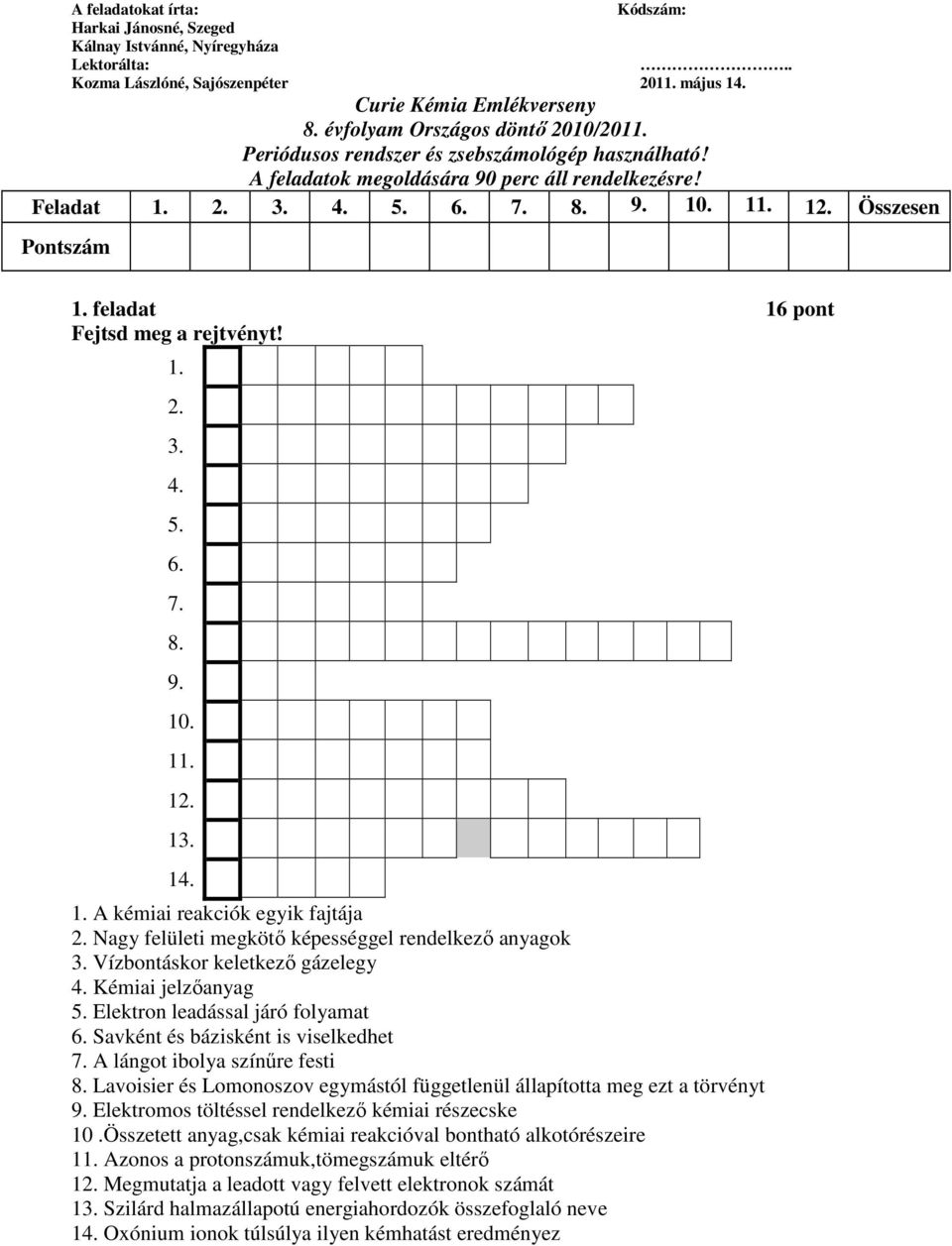Összesen Pontszám 1. feladat 16 pont Fejtsd meg a rejtvényt! 1. 2. 3. 4. 5. 6. 7. 8. 9. 10. 11. 12. 13. 14. 1. A kémiai reakciók egyik fajtája 2.