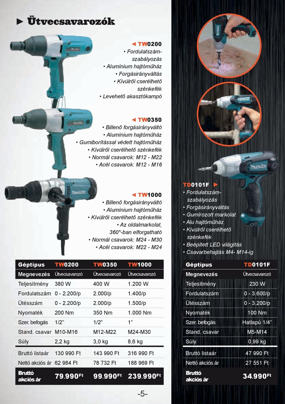 -ban elforgatható Normál csavarok: M24 - M30 Acél csavarok: M22 - M24 TD0101F Fordulatszámszabályozás Gumírozott markolat Alu hajtóműház Kívülről cserélhető szénkefék Beépített LED világítás