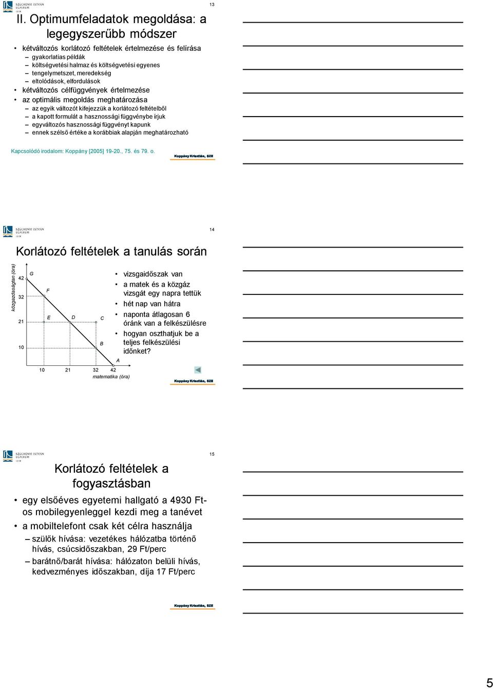 eltolódások, elfordulások kétváltozós célfüggvének értelmezése az optimális megoldás meghatározása az egik változót kifejezzük a korlátozó feltételből a kapott formulát a hasznossági függvénbe írjuk