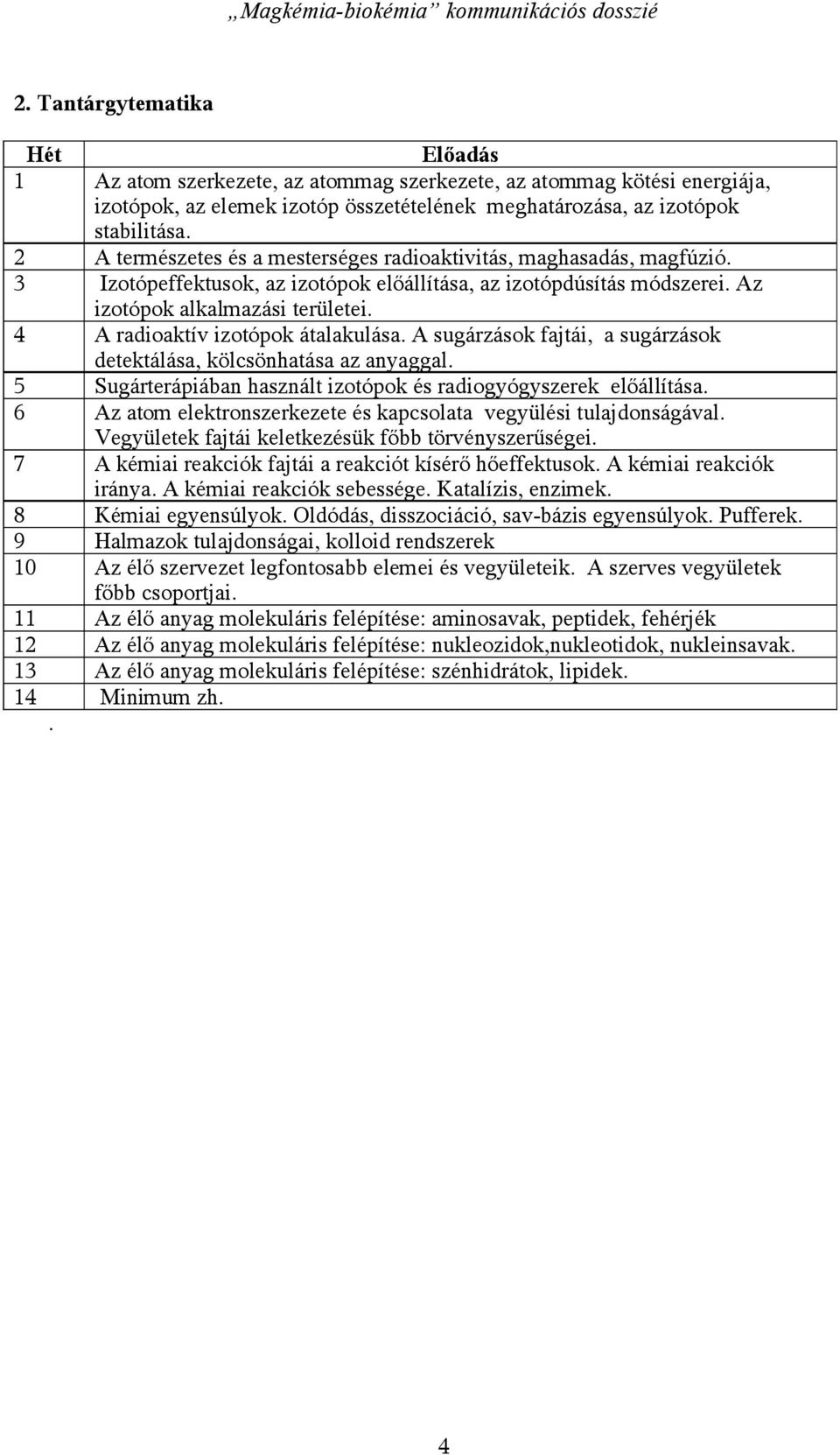 4 A radioaktív izotópok átalakulása. A sugárzások fajtái, a sugárzások detektálása, kölcsönhatása az anyaggal. 5 Sugárterápiában használt izotópok és radiogyógyszerek előállítása.