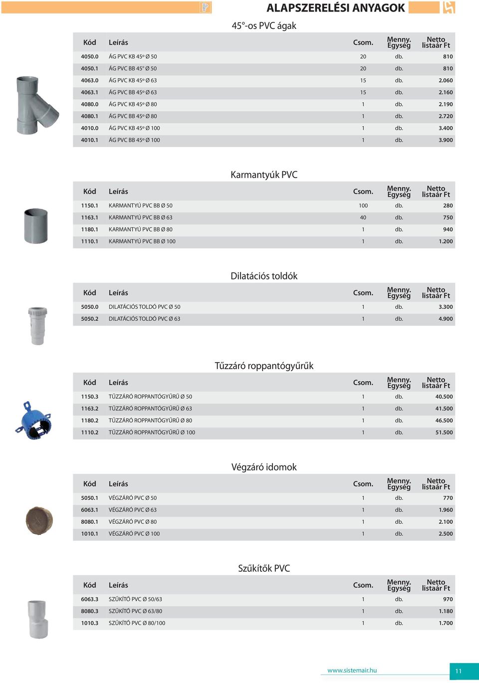 280 1163.1 KARMANTYÚ PVC BB Ø 63 40 db. 750 1180.1 KARMANTYÚ PVC BB Ø 80 1 db. 940 1110.1 KARMANTYÚ PVC BB Ø 100 1 db. 1.200 Dilatációs toldók 5050.0 DILATÁCIÓS TOLDÓ PVC Ø 50 1 db. 3.300 5050.