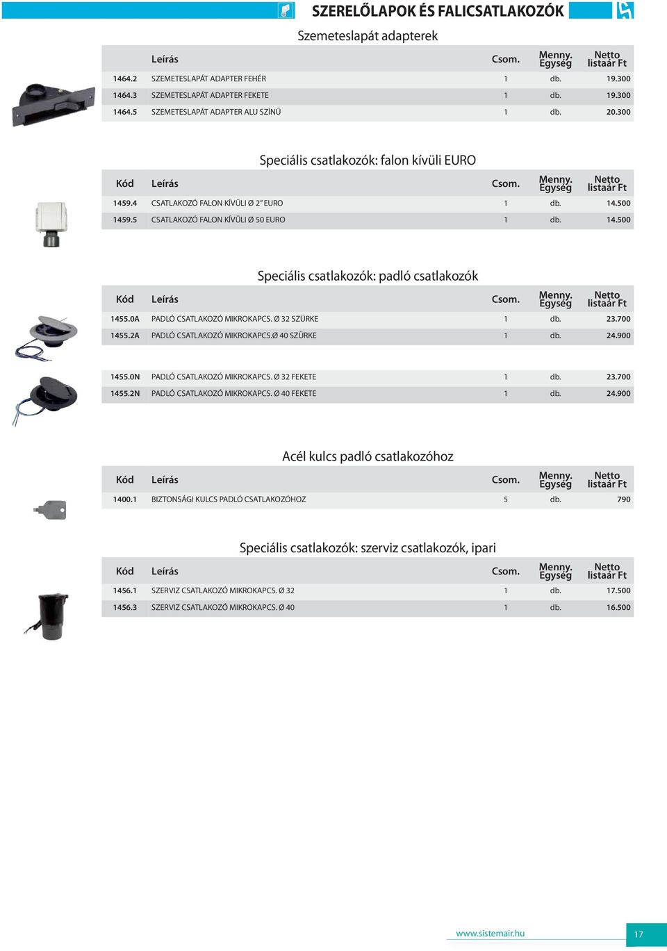 0A PADLÓ CSATLAKOZÓ MIKROKAPCS. Ø 32 SZÜRKE 1 db. 23.700 1455.2A PADLÓ CSATLAKOZÓ MIKROKAPCS.Ø 40 SZÜRKE 1 db. 24.900 1455.0N PADLÓ CSATLAKOZÓ MIKROKAPCS. Ø 32 FEKETE 1 db. 23.700 1455.2N PADLÓ CSATLAKOZÓ MIKROKAPCS.