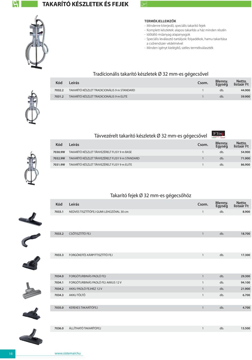 2 TAKARÍTÓ KÉSZLET TRADICIONÁLIS 9 m STANDARD 1 db. 44.900 7031.2 TAKARÍTÓ KÉSZLET TRADICIONÁLIS 9 m ELITE 1 db. 59.900 Távvezérelt takarító készletek Ø 32 mm-es gégecsővel 7030.