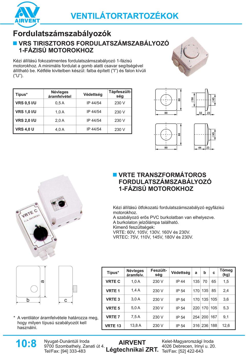 VRS 0,5 I/U felvétel 0,5 A Védettség 44/54 Tápfeszültség 45 VRS,0 I/U,0 A 44/54 32 23 VRS 2,0 I/U 44/54 VRS 4,0 U 44/54 45 44 23 VRTE TRANSZFORMÁTOROS -FÁZISÚ MOTOROKHOZ Kézi állítású ötfokoztú