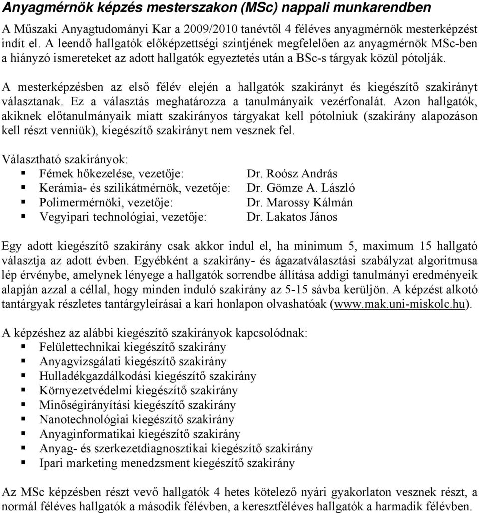 Anyagmérnök képzés mesterszakon (MSc) nappali munkarendben - PDF Free  Download