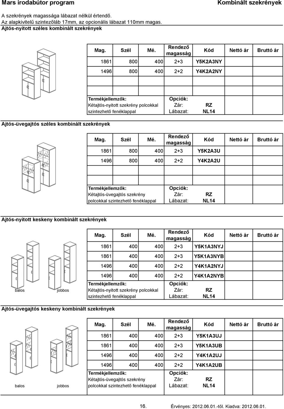 1861 800 400 2+3 Y5K2A3U 1496 800 400 2+2 Y4K2A2U Kétajtós-üvegajtós szekrény Zár: RZ polcokkal Lábazat: NL14 Ajtós-nyitott keskeny kombinált szekrények 1861 400 400 2+3 Y5K1A3NYJ 1861 400 400 2+3