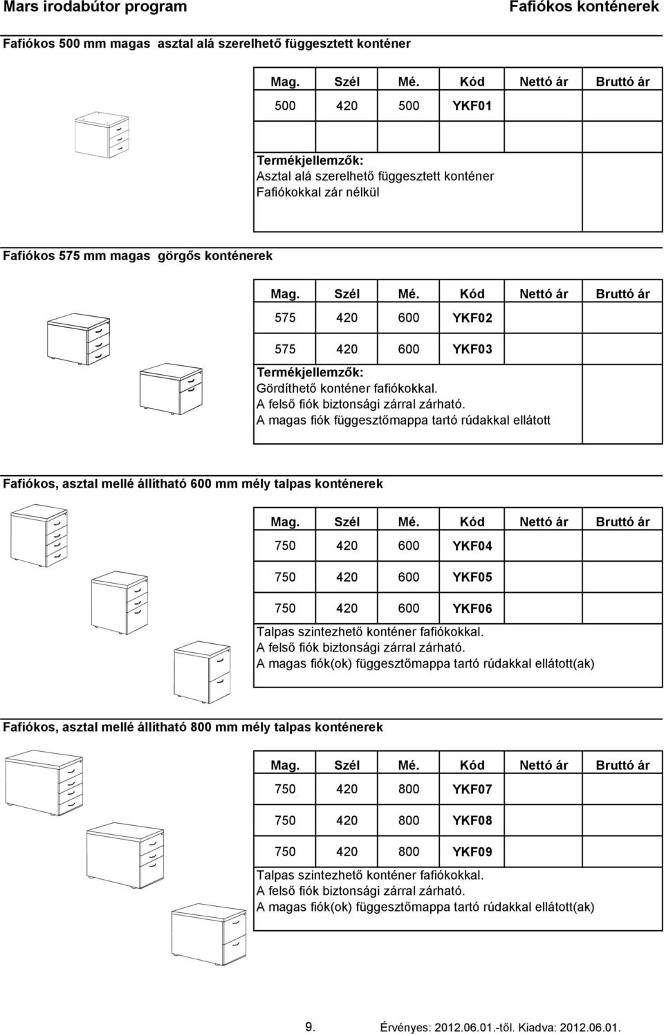 A magas fiók függesztőmappa tartó rúdakkal ellátott Fafiókos, asztal mellé állítható 600 mm mély talpas konténerek 750 420 600 YKF04 750 420 600 YKF05 750 420 600 YKF06 Talpas szintezhető konténer