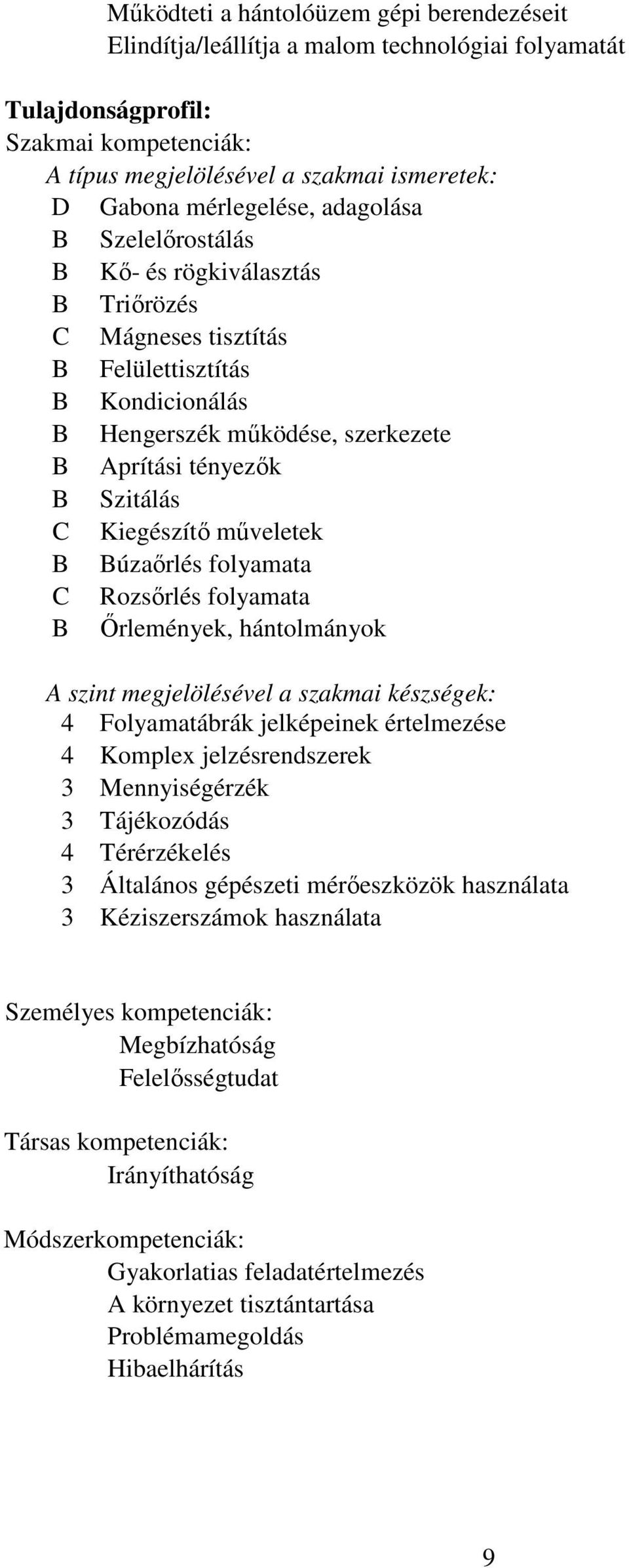 Kiegészítő műveletek B Búzaőrlés folyamata C Rozsőrlés folyamata B Őrlemények, hántolmányok A szint megjelölésével a szakmai készségek: 4 Folyamatábrák jelképeinek értelmezése 4 Komplex