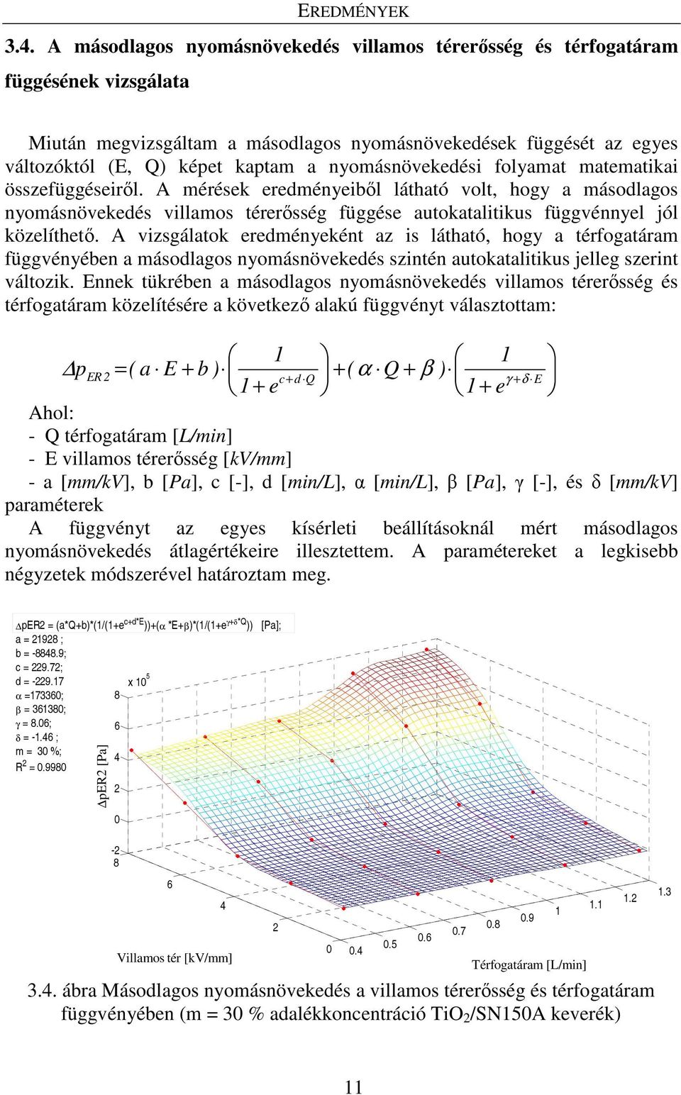 nyomásnövekedési folyamat matematikai összefüggéseiről. A mérések eredményeiből látható volt, hogy a másodlagos nyomásnövekedés villamos térerősség függése autokatalitikus függvénnyel jól közelíthető.