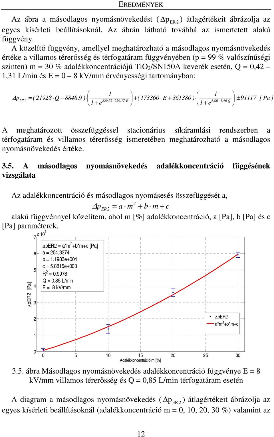 /SN150A keverék esetén, Q = 0,4 1,31 L/min és E = 0 8 kv/mm érvényességi tartományban: p ( 198 Q 8848,9 ) 1+ e 1 1 + (173360 E + 361380 ) 8,06 1 + e = ER ± 9,7 9,17 E 1,46 Q 91117 [ Pa ] A