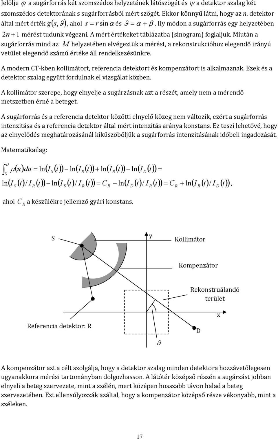 Miután a sugárforrás mind az M helyzetében elvégeztük a mérést, a rekonstrukcióhoz elegendő irányú vetület elegendő számú értéke áll rendelkezésünkre.